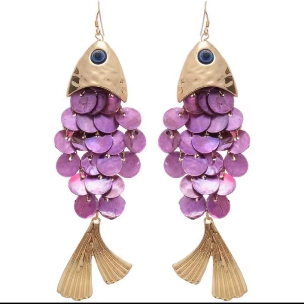 Gold & Purple Fish Statement Dangle Earrings • Sequin Scales • NWOT